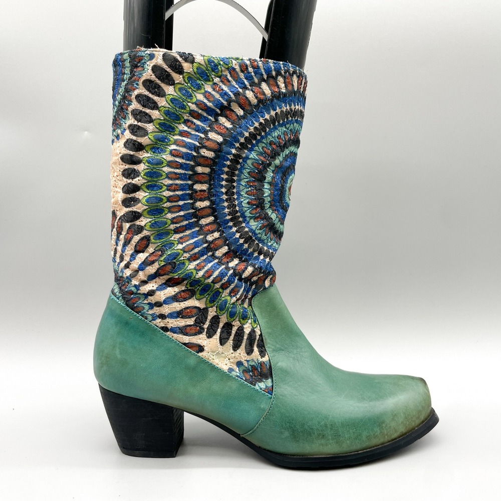 L'Artiste Womens 40 9 Peru Boots Turquoise Leather Peacock Boho Artsy Whimsical